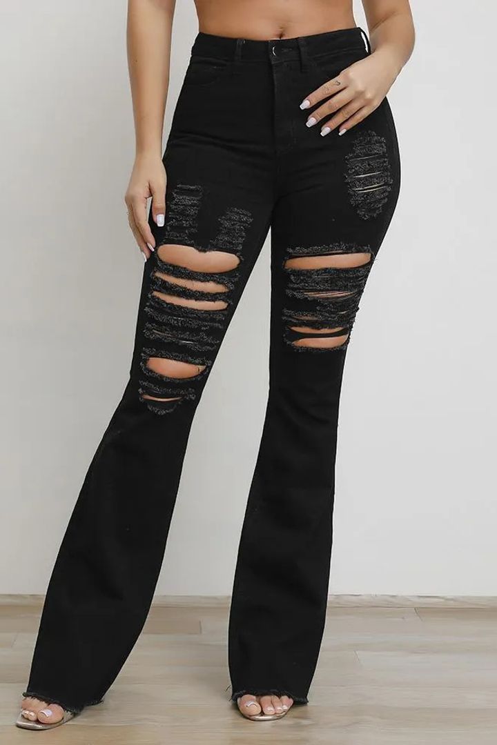 Black High Waist Distressed Flare Jeans