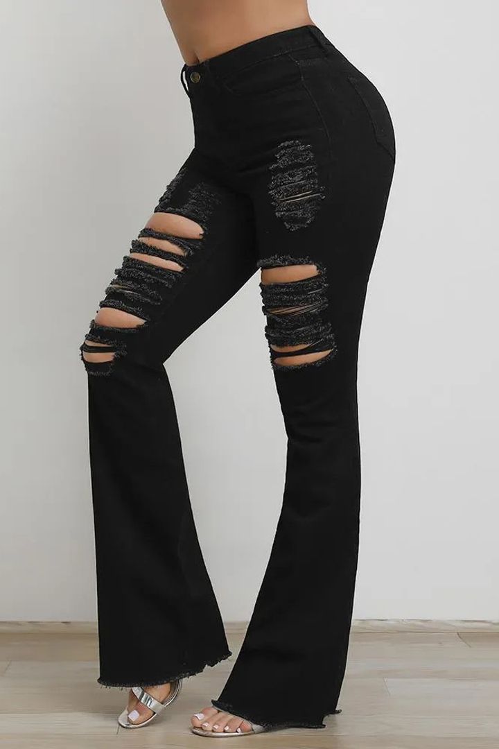 Black High Waist Distressed Flare Jeans