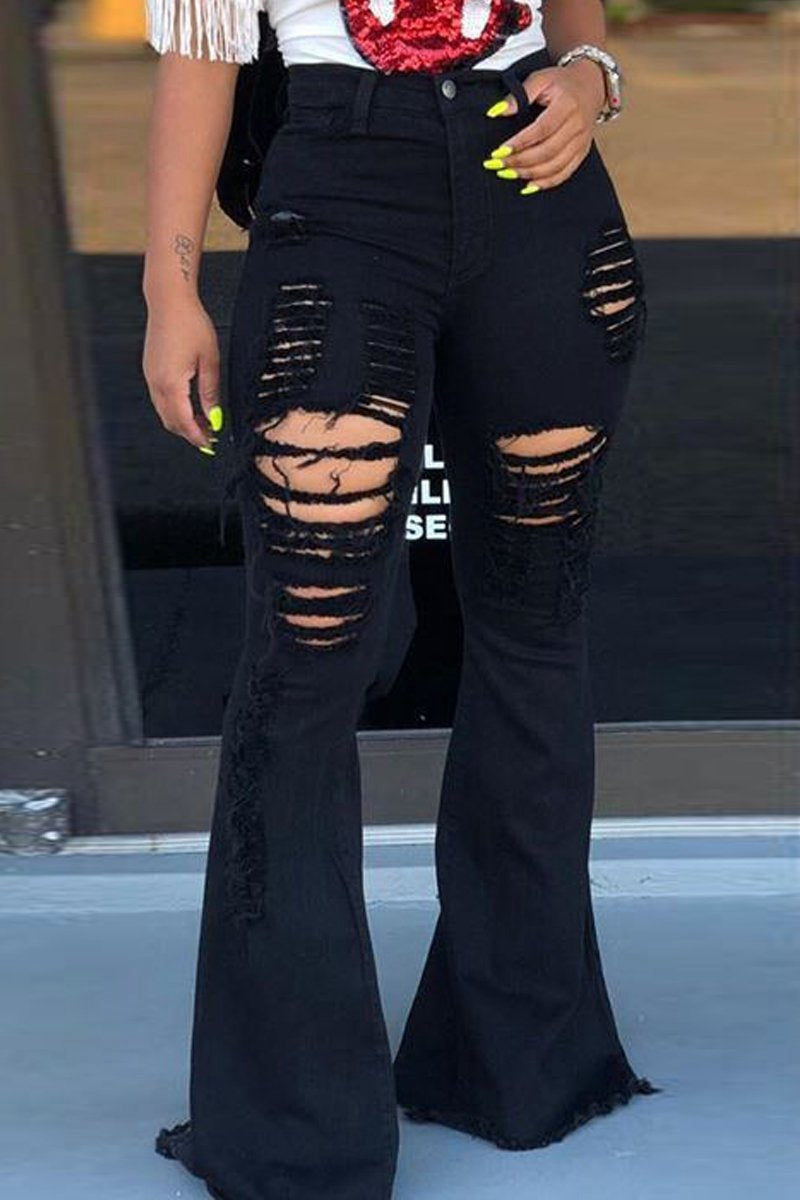 Black High Waist Distressed Flare Jeans